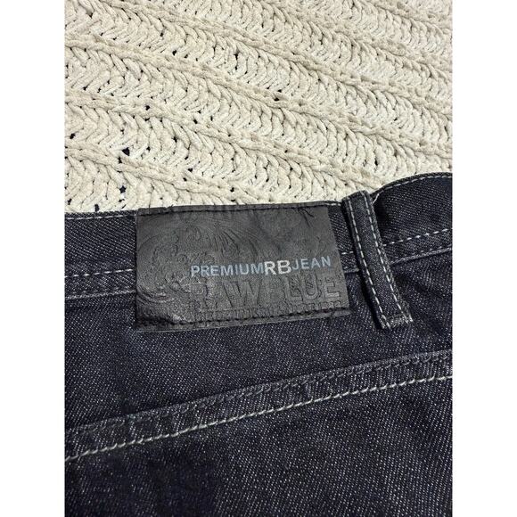 Y2K VTG Raw Blue Jeans Wide Leg Baggy Embroidered Pockets Mens 42 x 32 Dark Blue - Picture 10 of 10